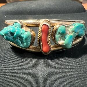 VTG Navajo Raw Blue Kingman Turquoise & Coral Gold Wash Over .925 Sterling Cuff